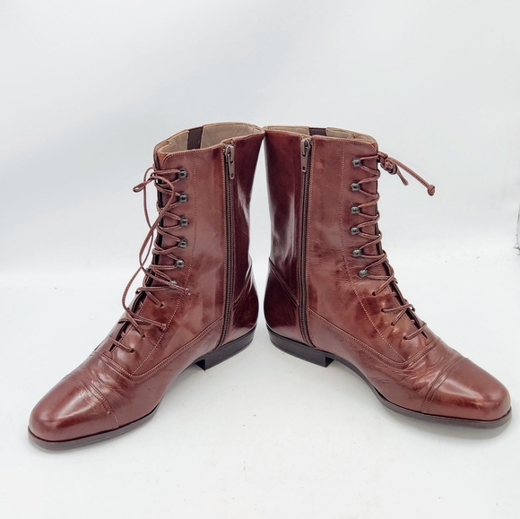 Lorenzo Banfi Leather Lace-up Zip Combat Boots In Cognac Brown Size 38 - Picture 6 of 16